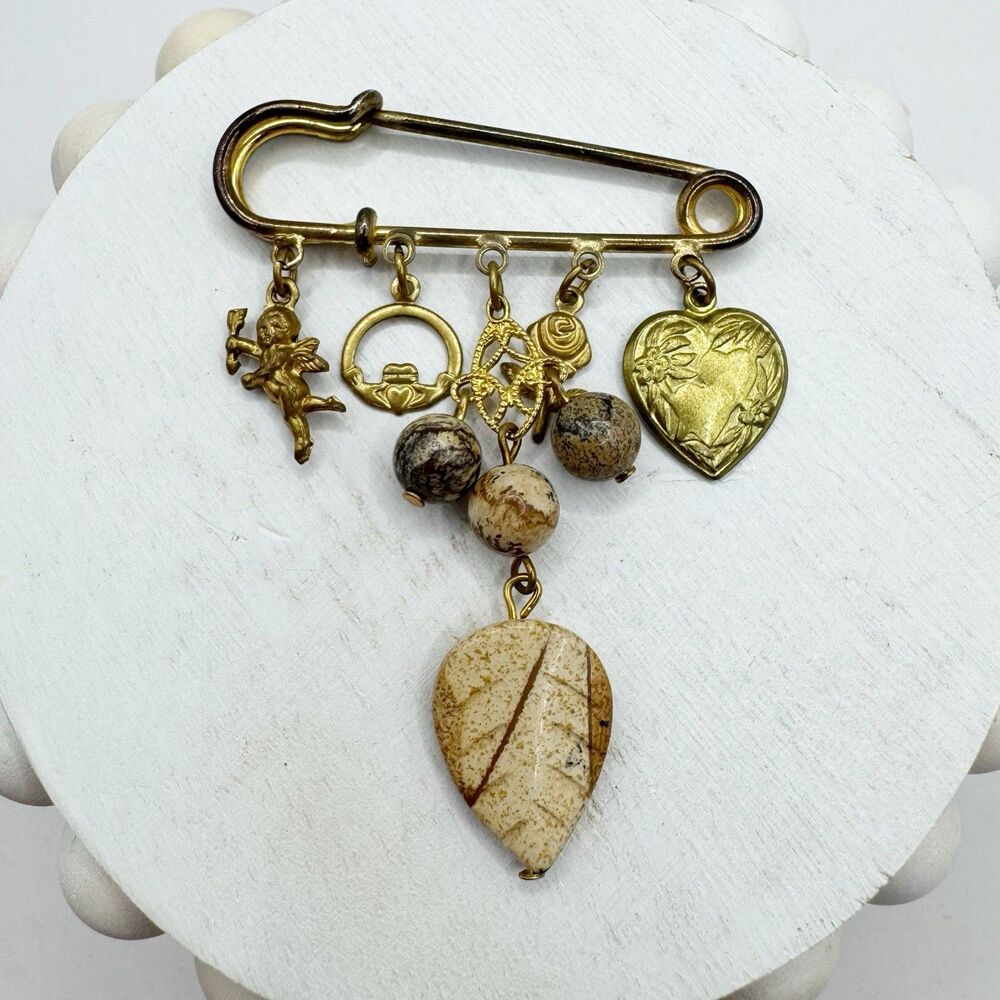 Vintage Victorian Revival Charm Safety Pin Heart Claddagh Cherub Jasper Stone